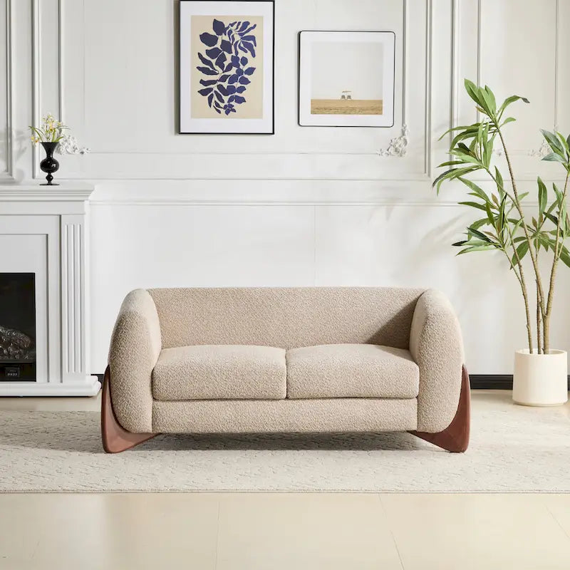 Cremefarbenes Bouclé-Loveseat mit Beinen aus Birkenholz