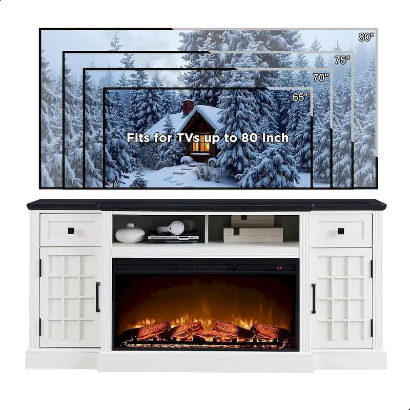Farmhouse TV Stand with Fireplace for 80 TV, 70 Entertainment Center