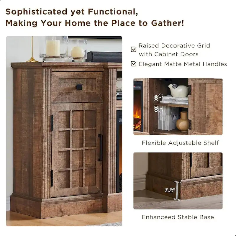 Farmhouse TV Stand with Fireplace for 80 TV, 70 Entertainment Center