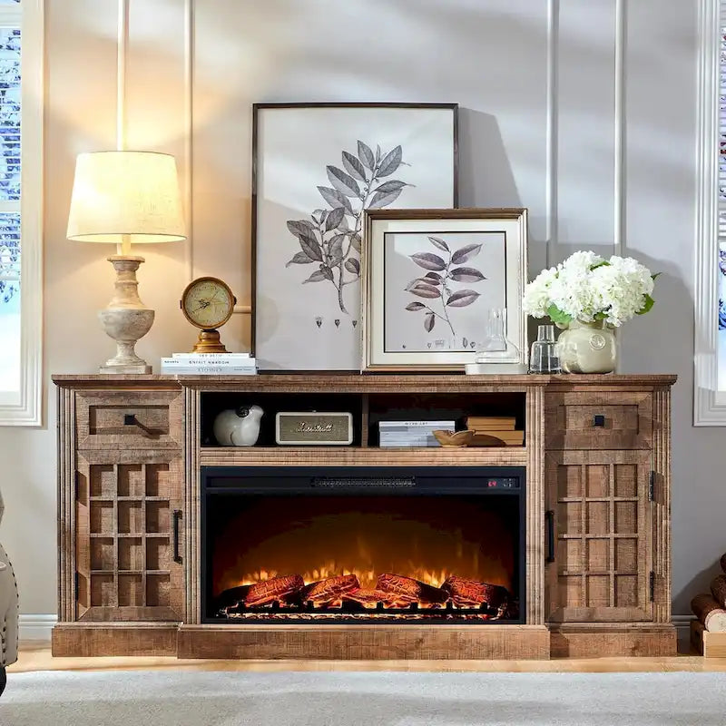 Farmhouse TV Stand with Fireplace for 80 TV, 70 Entertainment Center