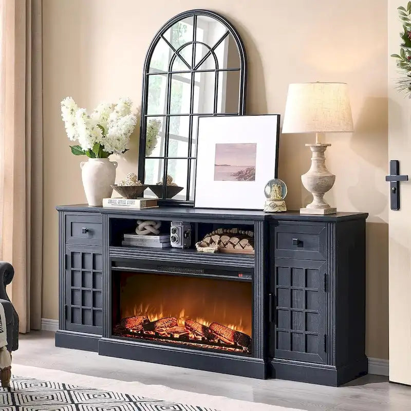 Farmhouse TV Stand with Fireplace for 80 TV, 70 Entertainment Center