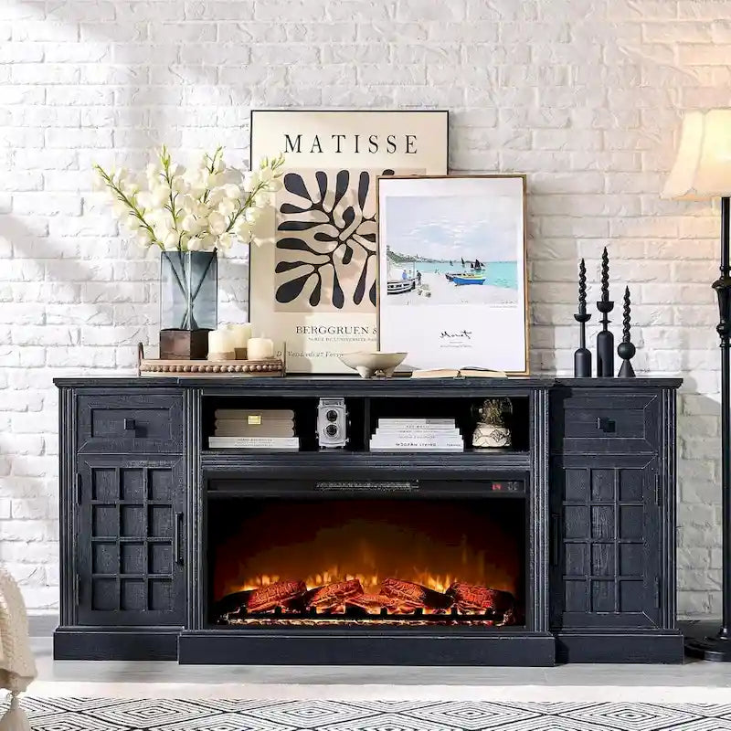Farmhouse TV Stand with Fireplace for 80 TV, 70 Entertainment Center