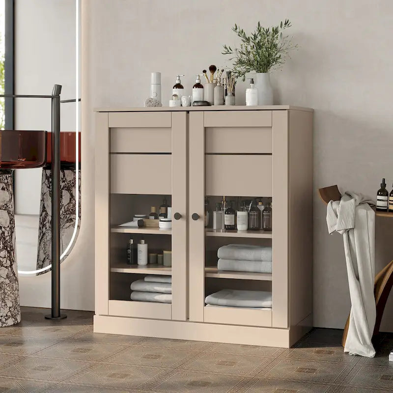 32-Zoll-Schrank aus Massivholz mit Klarglastüren, 2 Schubladen und verstellbaren Regalböden
