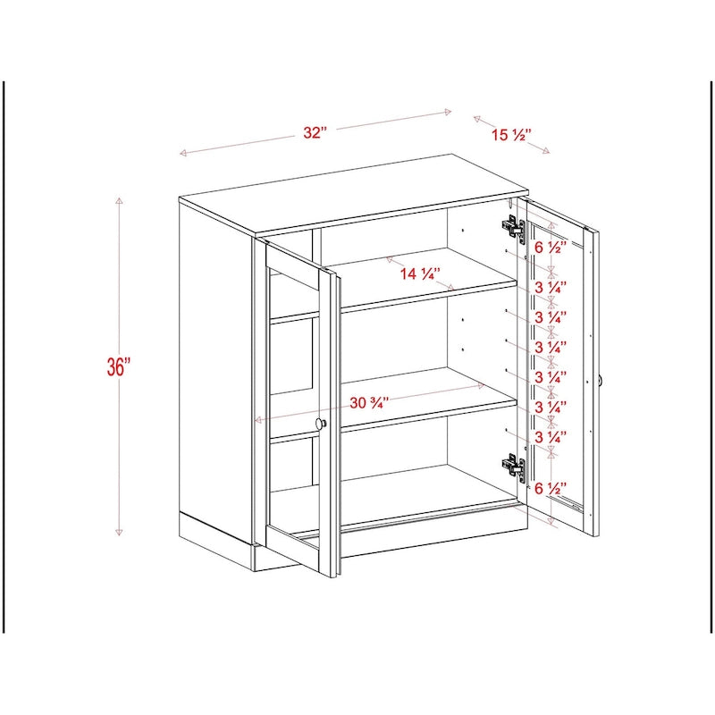 32-Zoll-Schrank aus Massivholz mit Klarglastüren, 2 Schubladen und verstellbaren Regalböden