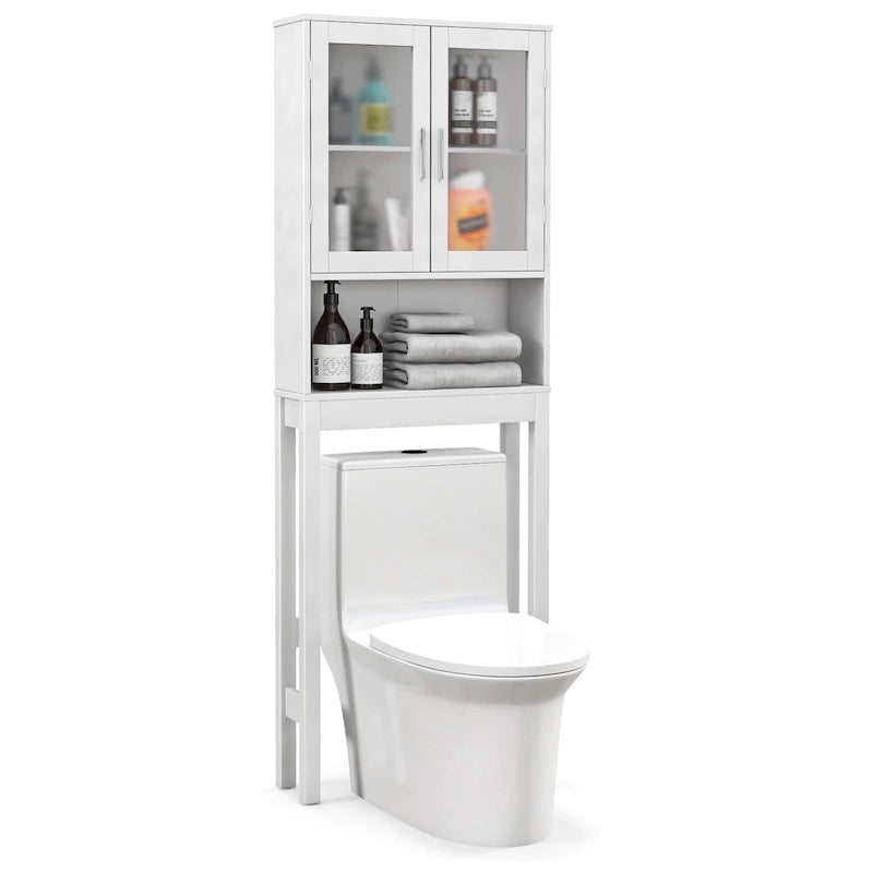 Weißer Stauraumschrank über der Toilette mit Glastüren