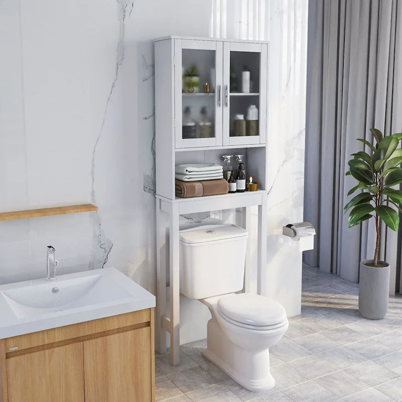 White Over-the-Toilet Storage Cabinet with Glass Doors
