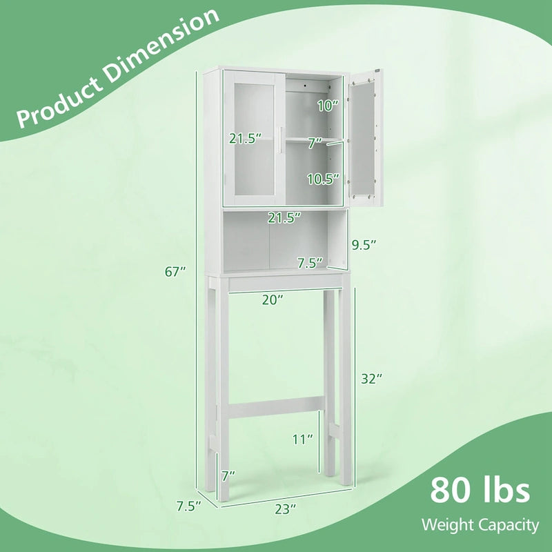 White Over-the-Toilet Storage Cabinet with Glass Doors