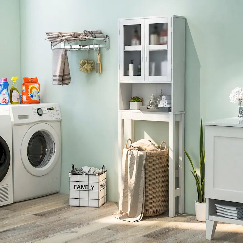 White Over-the-Toilet Storage Cabinet with Glass Doors