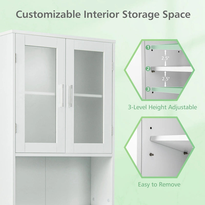 White Over-the-Toilet Storage Cabinet with Glass Doors