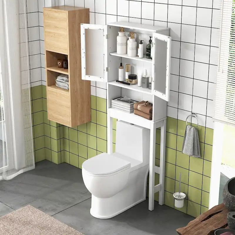 White Over-the-Toilet Storage Cabinet with Glass Doors
