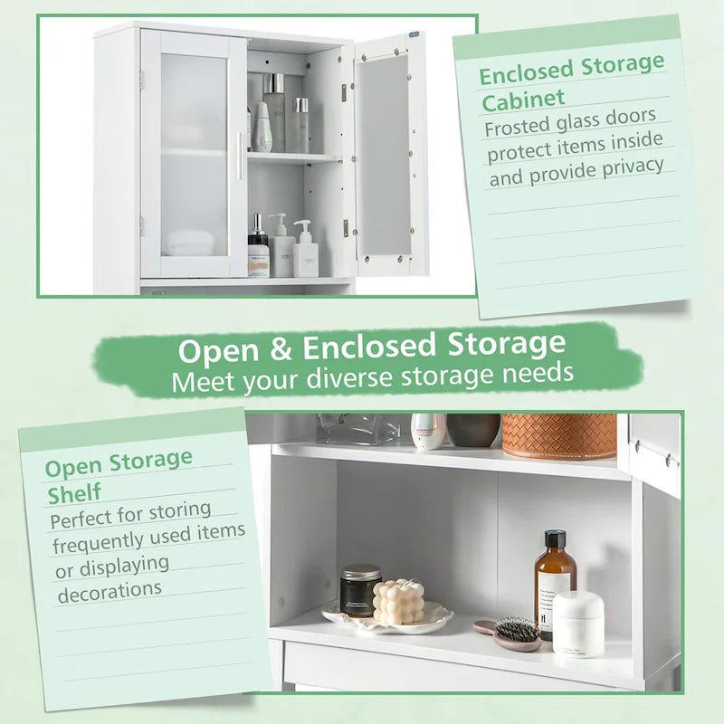 White Over-the-Toilet Storage Cabinet with Glass Doors