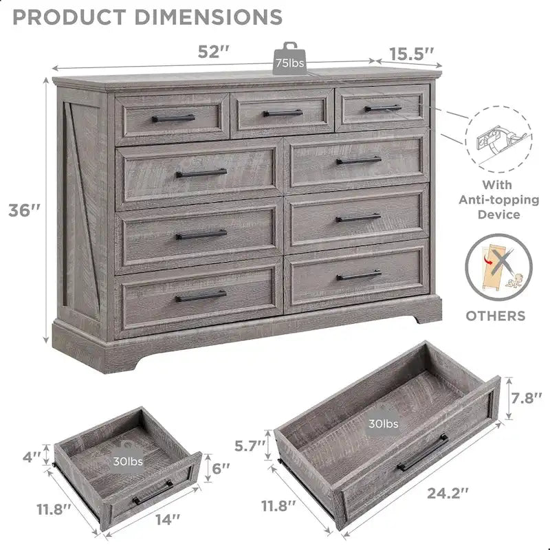 Kommoden im Landhausstil mit 9 Schubladen für das Schlafzimmer, Holzkommode