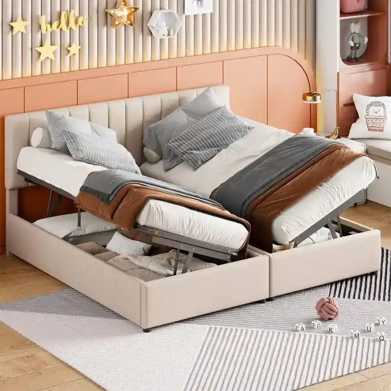 Twin/King Size Upholstered Platform Bed Frame a Hydraulic Storage System, Lift Up Storage Bed with Headboard and Slats Support