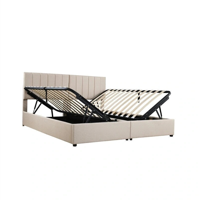 Cadre de lit plateforme rembourré Twin/King avec système de rangement hydraulique, lit coffre relevable avec tête de lit et support à lattes