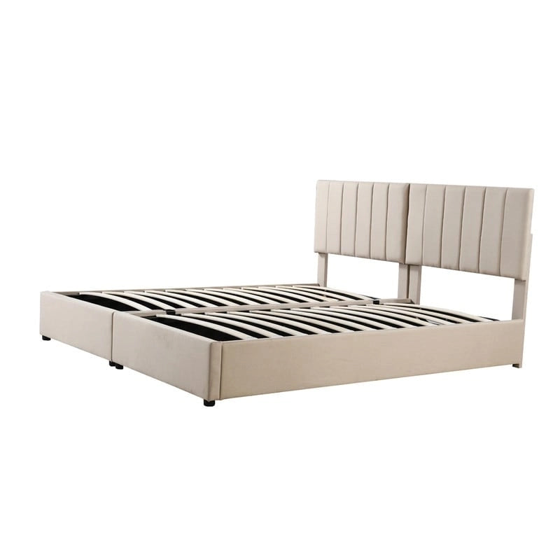 Cadre de lit plateforme rembourré Twin/King avec système de rangement hydraulique, lit coffre relevable avec tête de lit et support à lattes