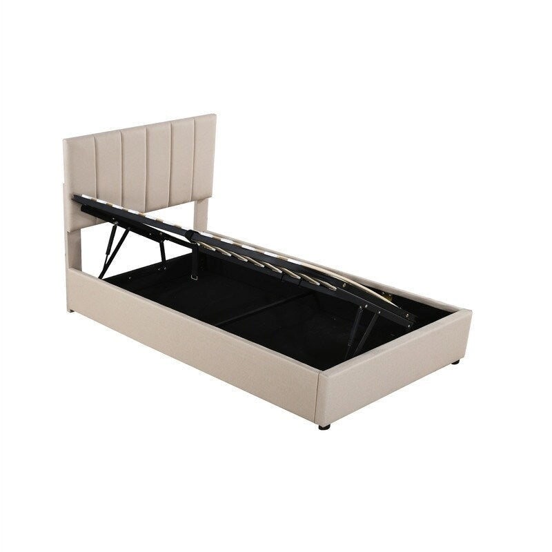 Cadre de lit plateforme rembourré Twin/King avec système de rangement hydraulique, lit coffre relevable avec tête de lit et support à lattes
