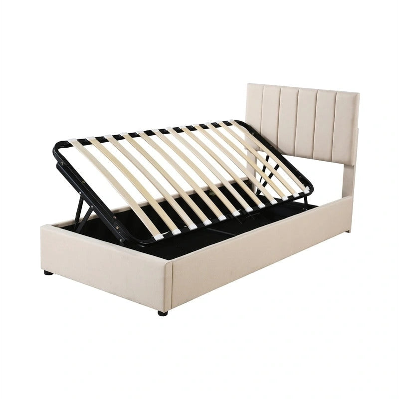 Cadre de lit plateforme rembourré Twin/King avec système de rangement hydraulique, lit coffre relevable avec tête de lit et support à lattes