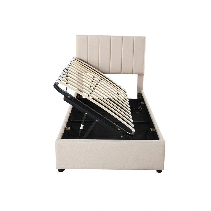 Cadre de lit plateforme rembourré Twin/King avec système de rangement hydraulique, lit coffre relevable avec tête de lit et support à lattes