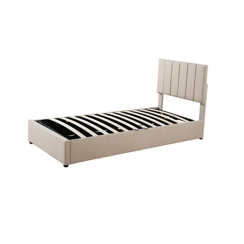 Cadre de lit plateforme rembourré Twin/King avec système de rangement hydraulique, lit coffre relevable avec tête de lit et support à lattes