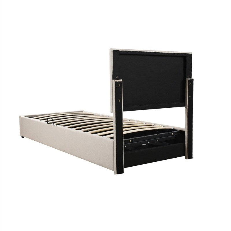 Cadre de lit plateforme rembourré Twin/King avec système de rangement hydraulique, lit coffre relevable avec tête de lit et support à lattes