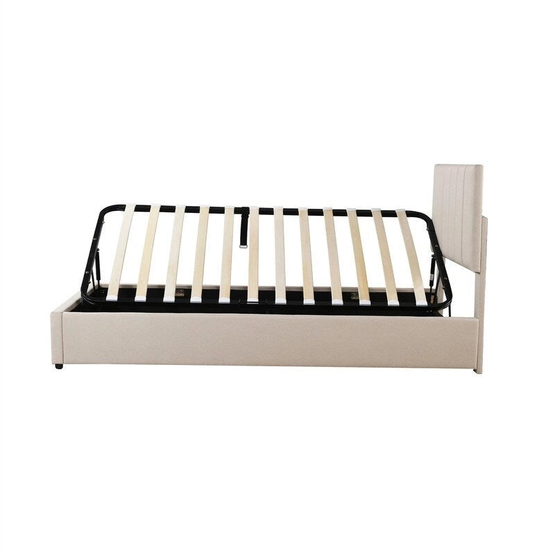 Cadre de lit plateforme rembourré Twin/King avec système de rangement hydraulique, lit coffre relevable avec tête de lit et support à lattes