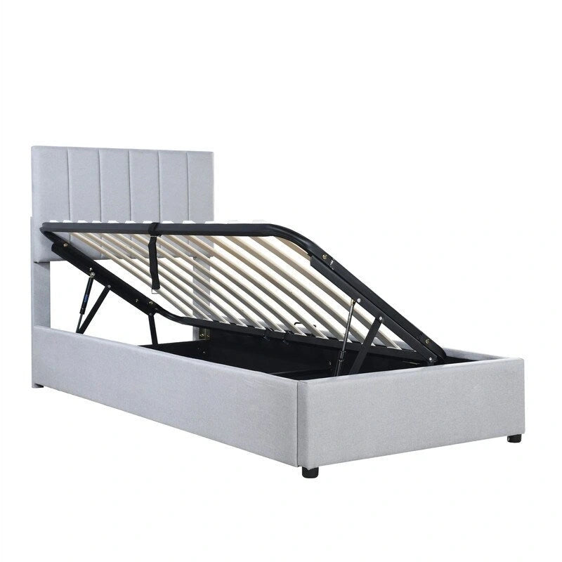 Cadre de lit plateforme rembourré Twin/King avec système de rangement hydraulique, lit coffre relevable avec tête de lit et support à lattes