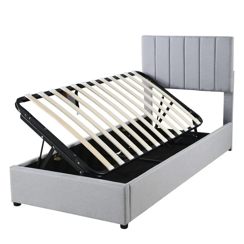 Cadre de lit plateforme rembourré Twin/King avec système de rangement hydraulique, lit coffre relevable avec tête de lit et support à lattes