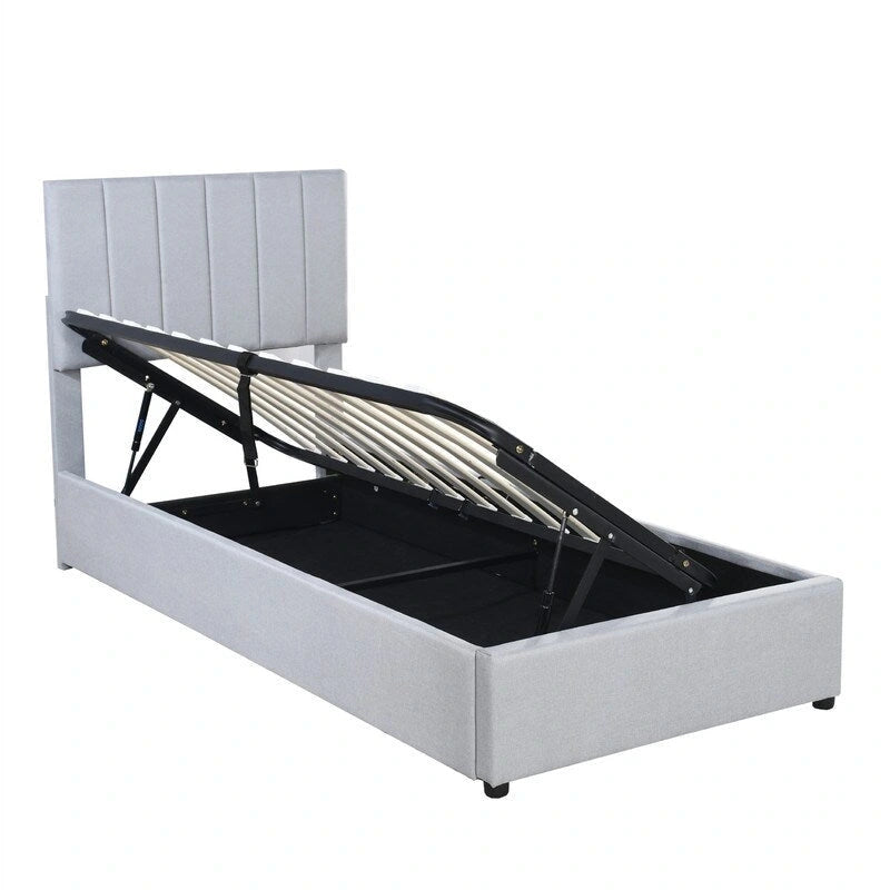 Cadre de lit plateforme rembourré Twin/King avec système de rangement hydraulique, lit coffre relevable avec tête de lit et support à lattes