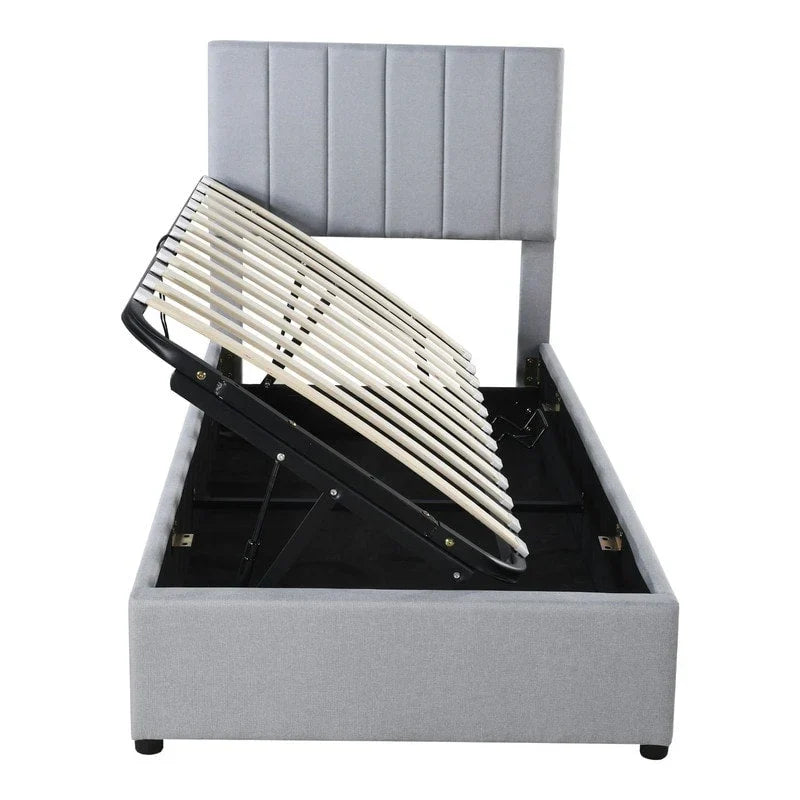 Cadre de lit plateforme rembourré Twin/King avec système de rangement hydraulique, lit coffre relevable avec tête de lit et support à lattes