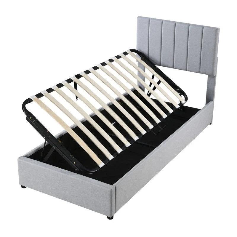 Cadre de lit plateforme rembourré Twin/King avec système de rangement hydraulique, lit coffre relevable avec tête de lit et support à lattes
