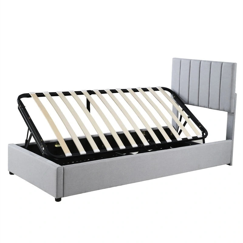 Cadre de lit plateforme rembourré Twin/King avec système de rangement hydraulique, lit coffre relevable avec tête de lit et support à lattes