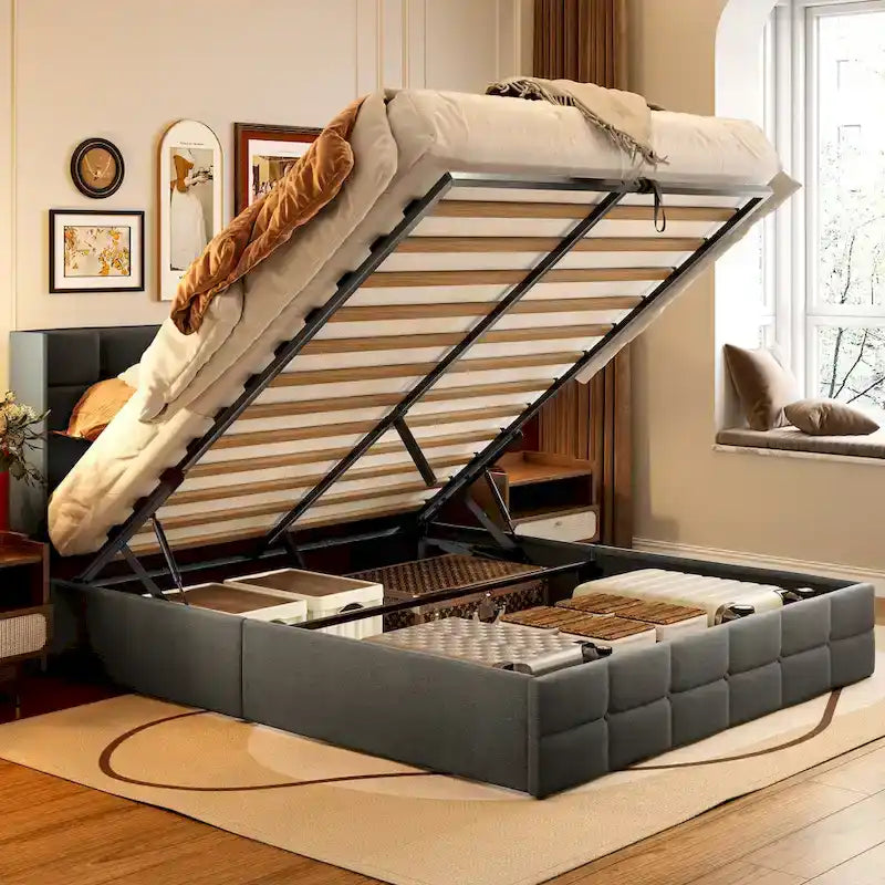 Full/Queen Lift Up Storage Bed with Storage, Upholstered Platform Bed Frame with Modern Wingback Headboard