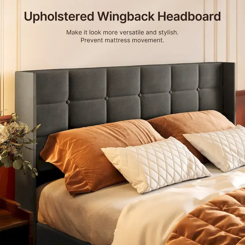 Stauraumbett in Full/Queen-Größe mit hochklappbarem Lattenrost, gepolstertes Plattformbettgestell mit modernem Wingback-Kopfteil
