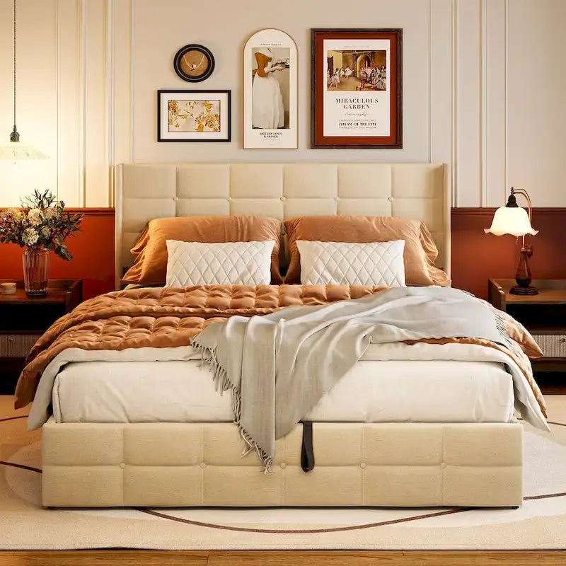 Full/Queen Lift Up Storage Bed with Storage, Upholstered Platform Bed Frame with Modern Wingback Headboard