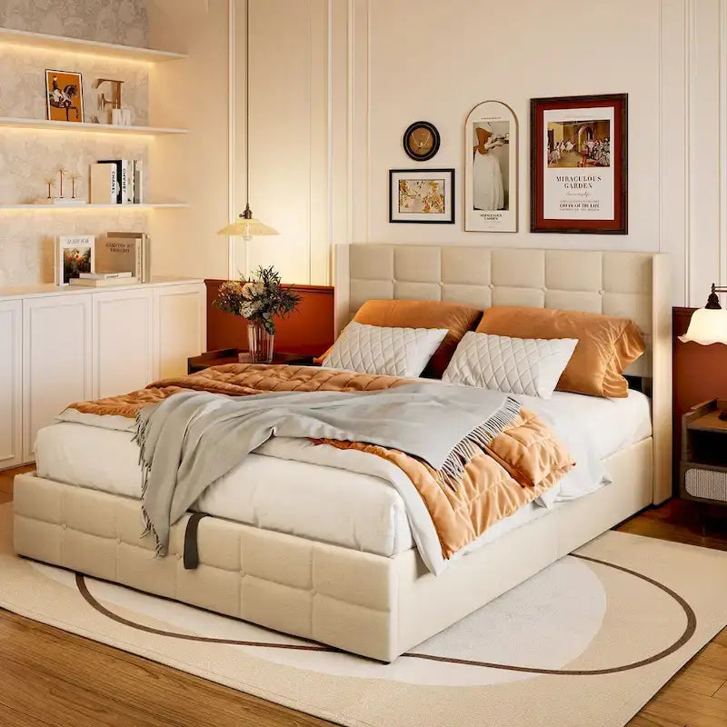 Full/Queen Lift Up Storage Bed with Storage, Upholstered Platform Bed Frame with Modern Wingback Headboard