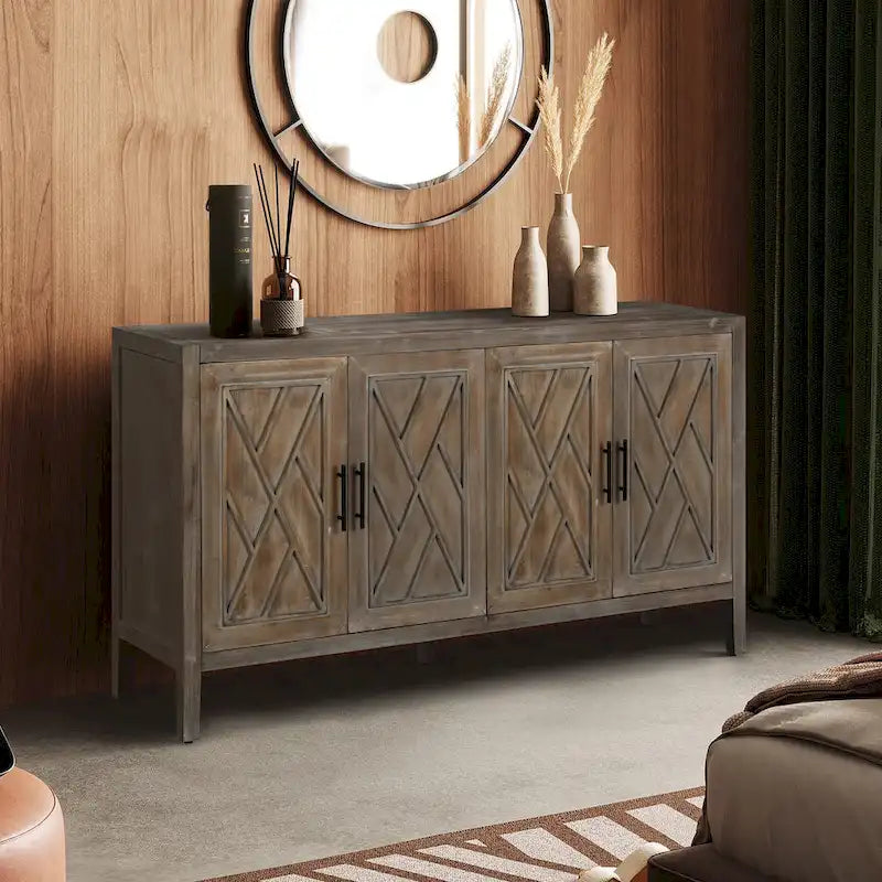 60 Modern Farmhouse Accent Cabinet with 4 Doors & Adjustable Shelf