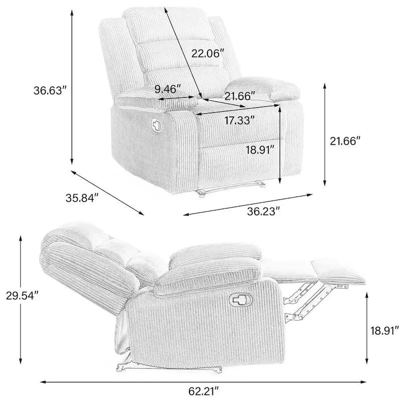 Moderner manueller Cord-Relaxsessel, verstellbarer Loungesessel mit breiten Armlehnen