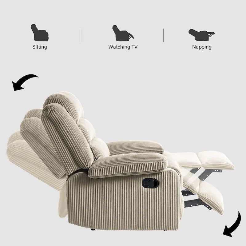 Moderner manueller Cord-Relaxsessel, verstellbarer Loungesessel mit breiten Armlehnen
