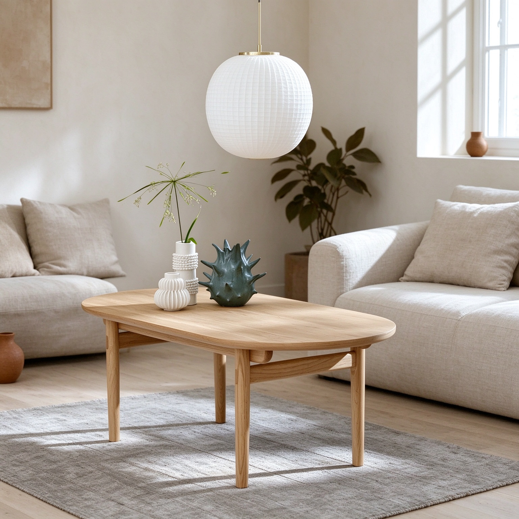 Table basse ovale moderne de style mi-siècle en chêne naturel