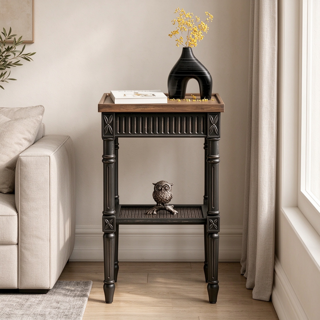 French Country Distressed Side Table with Tray Top and Wicker Shelf