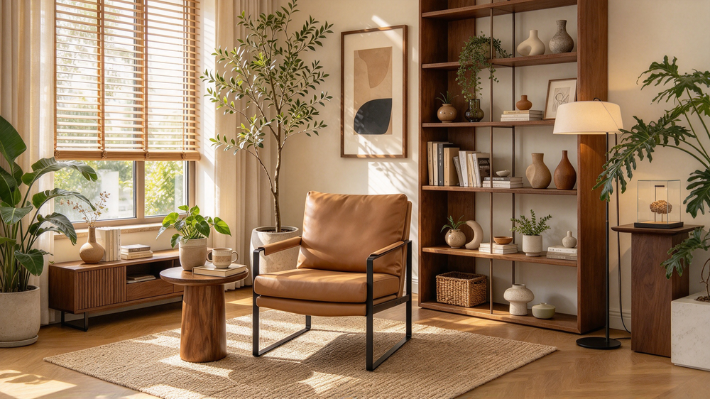 Moderne Akzentstuhl aus Leder im Mid-Century-Stil mit Stahlgestell
