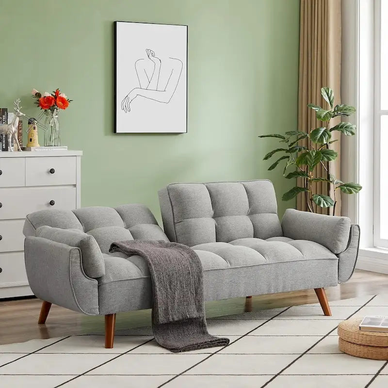 Sametová rozkládací pohovka Futon, nastavitelná opěrka zad, rozkládací dvoumístná pohovka Futon s dřevěnými nohami ve tvaru kužele do obývacího pokoje a ložnice