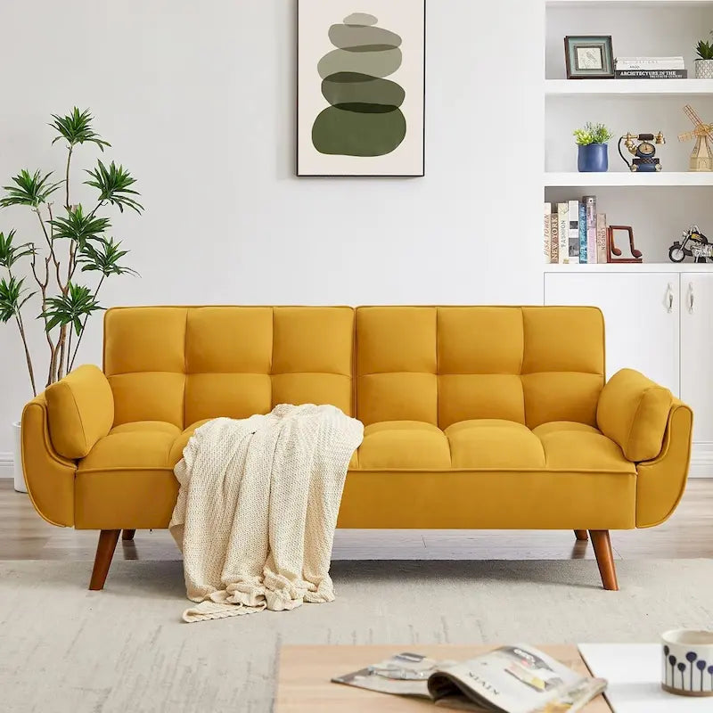 Sametová rozkládací pohovka Futon, nastavitelná opěrka zad, rozkládací dvoumístná pohovka Futon s dřevěnými nohami ve tvaru kužele do obývacího pokoje a ložnice