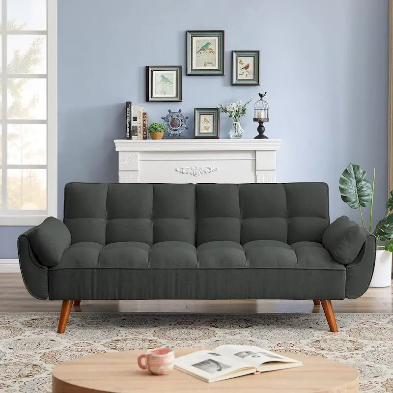 Sametová rozkládací pohovka Futon, nastavitelná opěrka zad, rozkládací dvoumístná pohovka Futon s dřevěnými nohami ve tvaru kužele do obývacího pokoje a ložnice