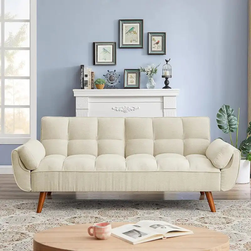 Sametová rozkládací pohovka Futon, nastavitelná opěrka zad, rozkládací dvoumístná pohovka Futon s dřevěnými nohami ve tvaru kužele do obývacího pokoje a ložnice