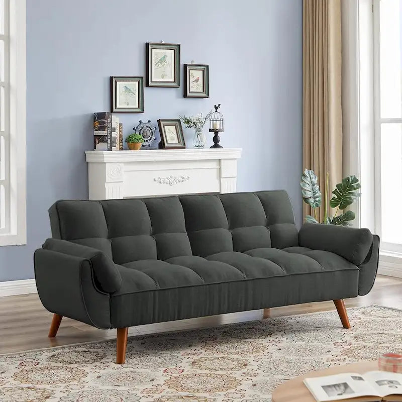 Sametová rozkládací pohovka Futon, nastavitelná opěrka zad, rozkládací dvoumístná pohovka Futon s dřevěnými nohami ve tvaru kužele do obývacího pokoje a ložnice