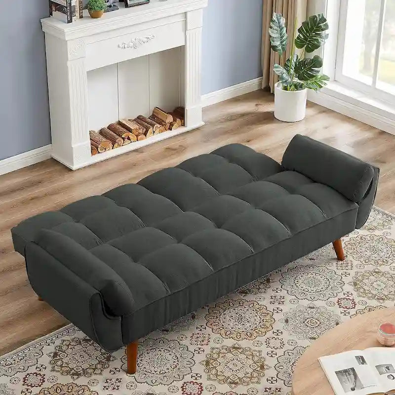 Sametová rozkládací pohovka Futon, nastavitelná opěrka zad, rozkládací dvoumístná pohovka Futon s dřevěnými nohami ve tvaru kužele do obývacího pokoje a ložnice