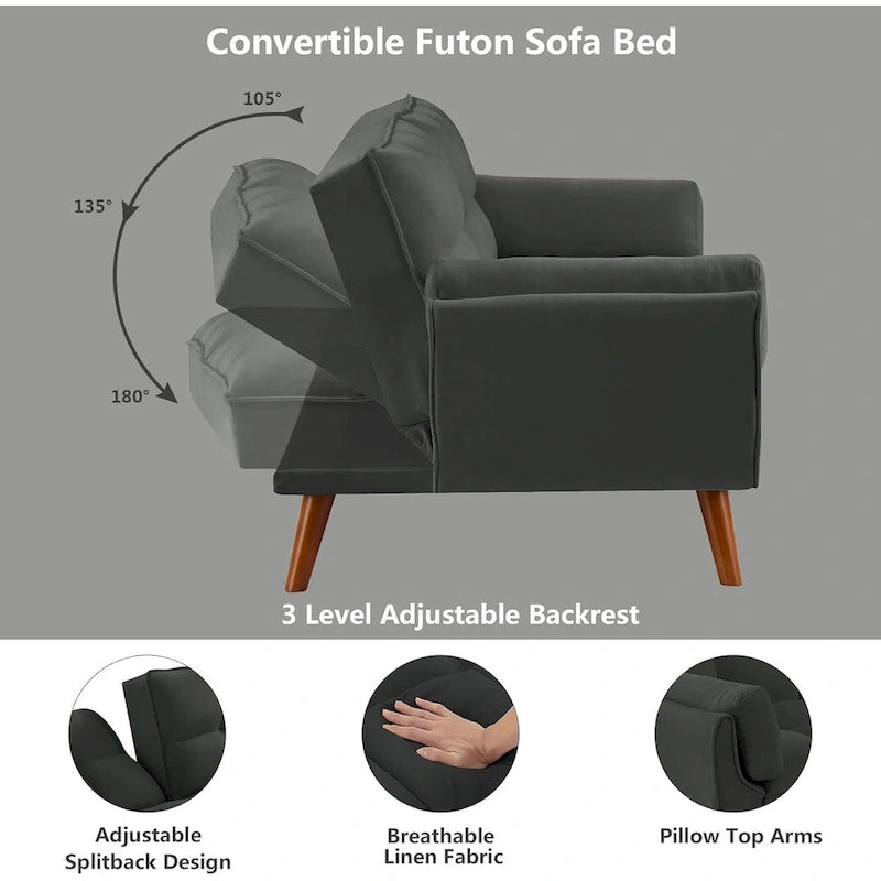 Samt-Futonbettsofa mit verstellbarer Rückenlehne, umwandelbares Futon-Loveseat mit konischen Holzbeinen für Wohnzimmer und Schlafzimmer