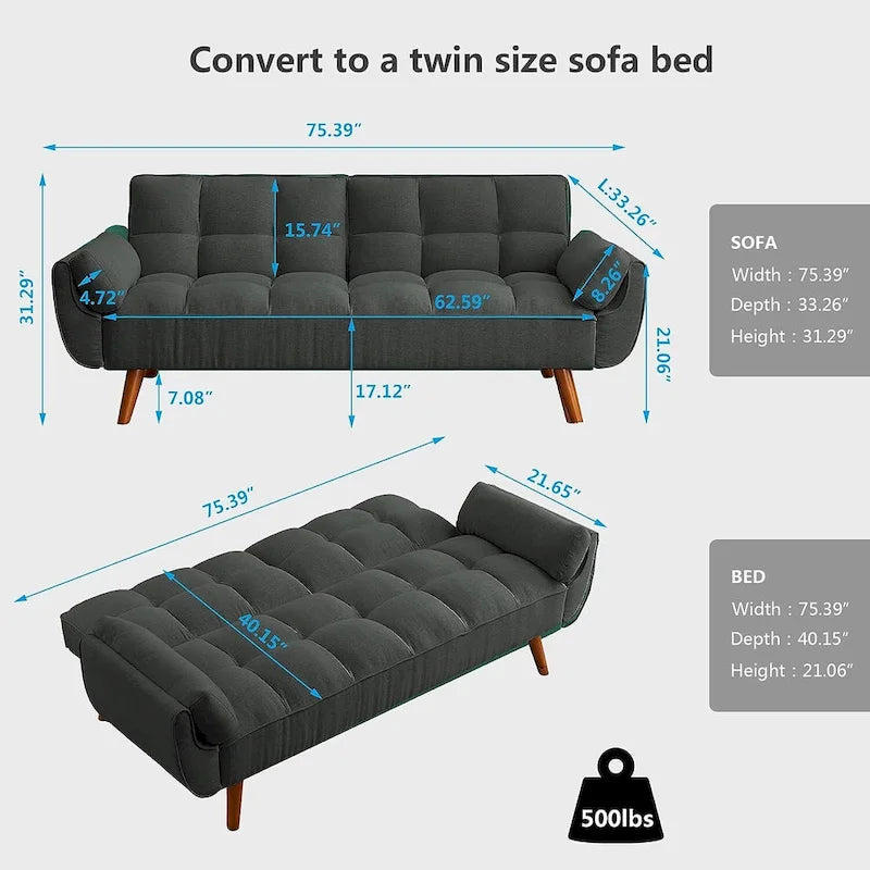 Samt-Futonbettsofa mit verstellbarer Rückenlehne, umwandelbares Futon-Loveseat mit konischen Holzbeinen für Wohnzimmer und Schlafzimmer