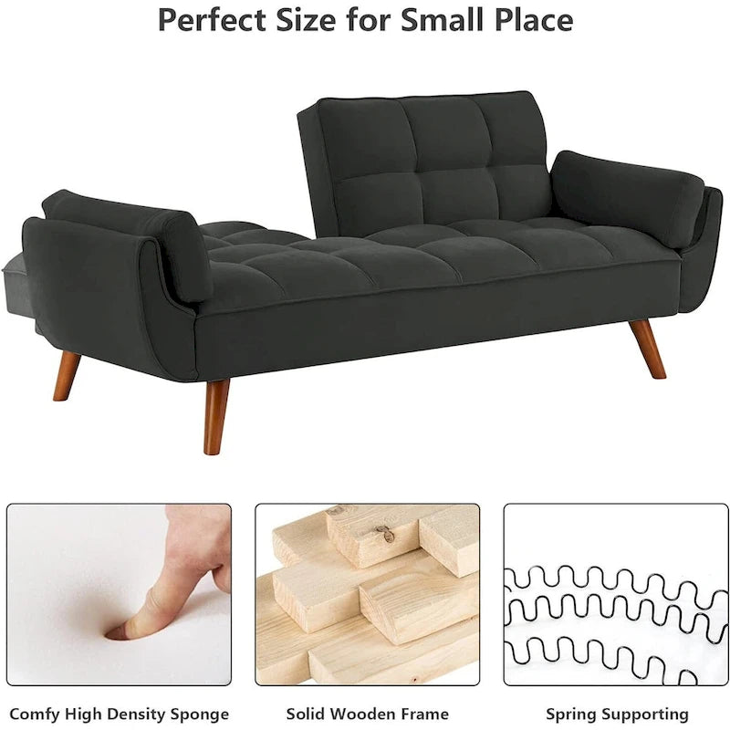 Samt-Futonbettsofa mit verstellbarer Rückenlehne, umwandelbares Futon-Loveseat mit konischen Holzbeinen für Wohnzimmer und Schlafzimmer